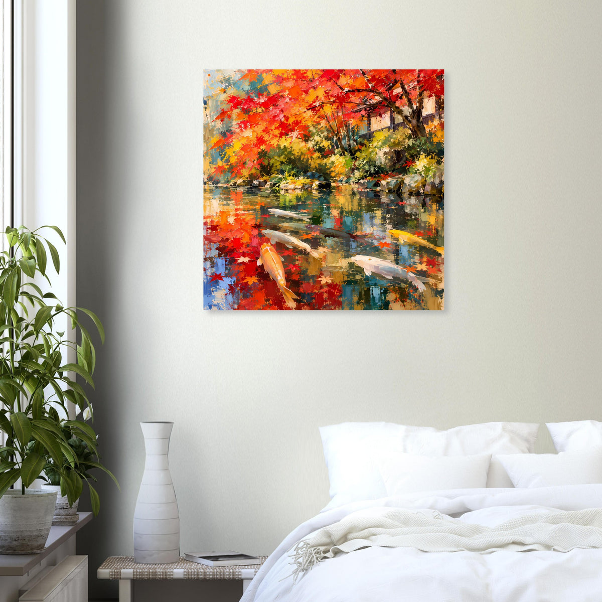 Poster im Quadratformat: Herbstwald am Fluss, Koi und farbige Spiegelungen im Wasser