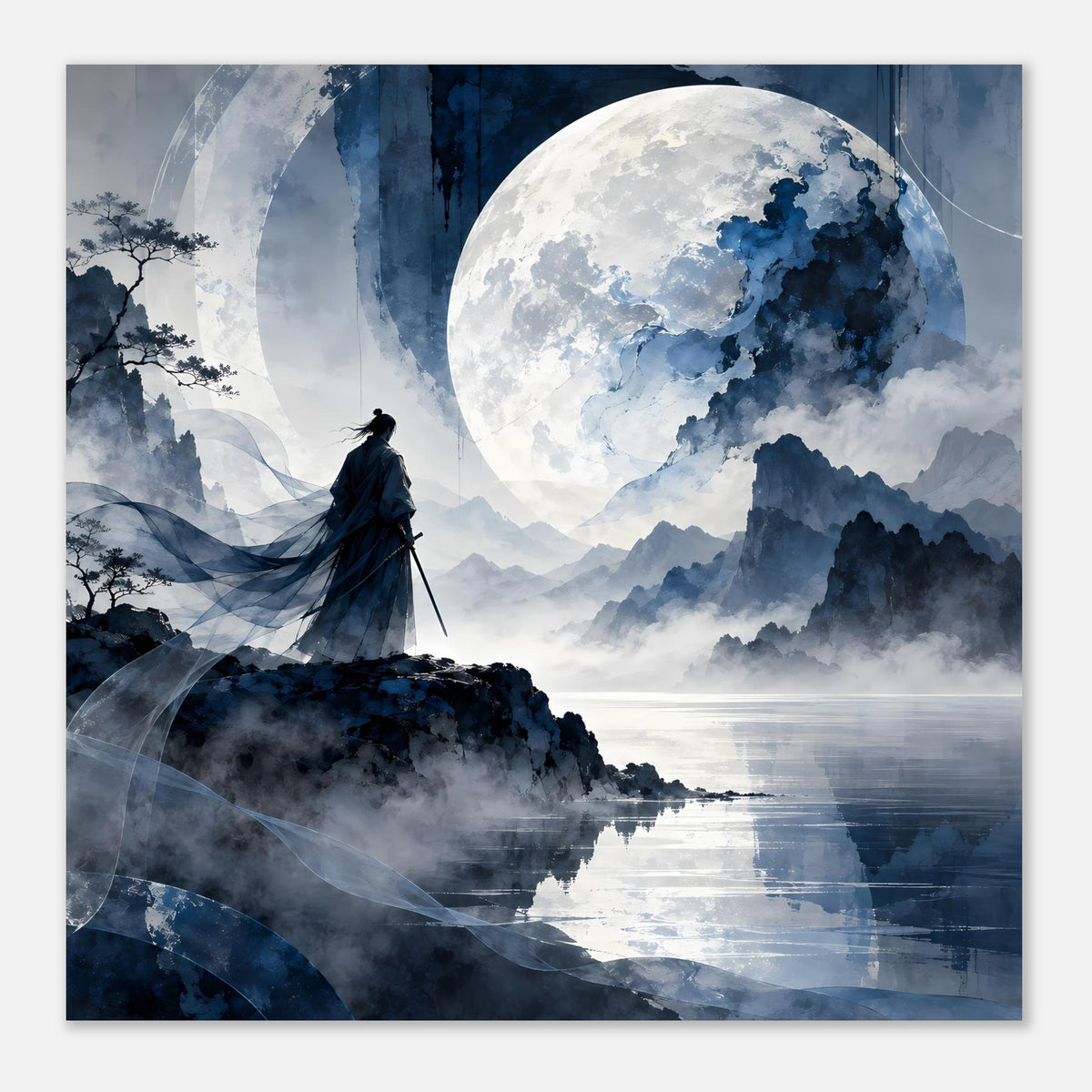 Quadratisches Poster mit Mondschein, Bergsilhouetten, Nebel und Samurai auf Felsvorsprung.