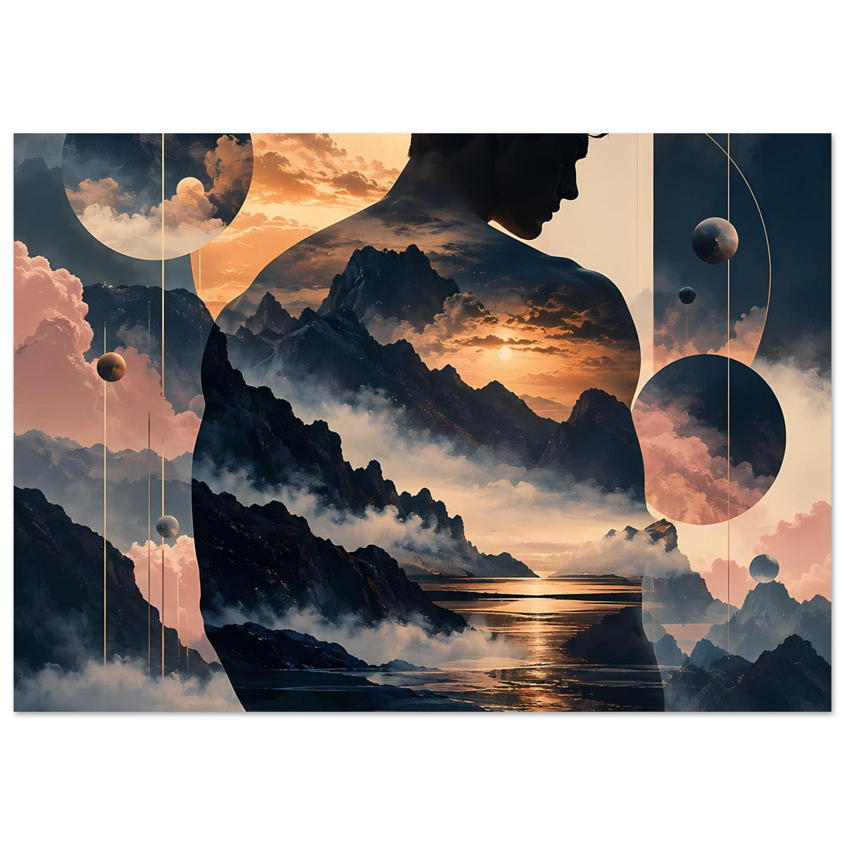 Poster: Silhouette eines Mannes über Bergen und Meer bei Sonnenuntergang, abstrakte Kreise