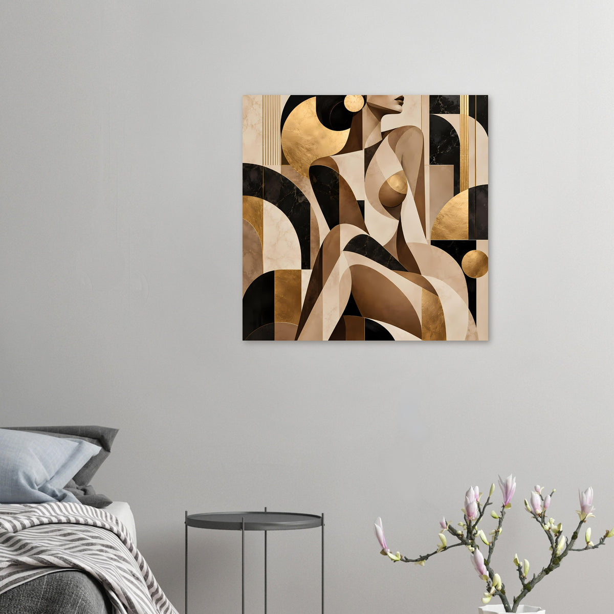 Abstraktes Kunstposter (klein) mit Frauenmotiv, Beige-, Braun-, Gold- und Schwarztönen