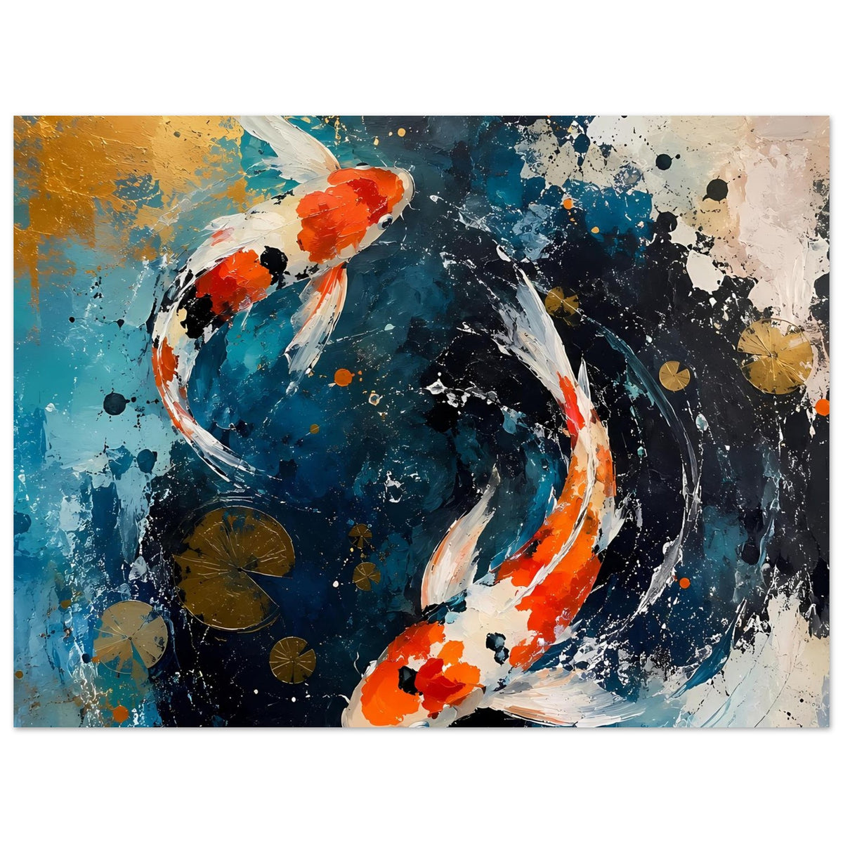 Koi-Poster im Wirbelwasser-Look: zwei Fische, Blau-Töne, Orange-Weiß, goldene Kreise