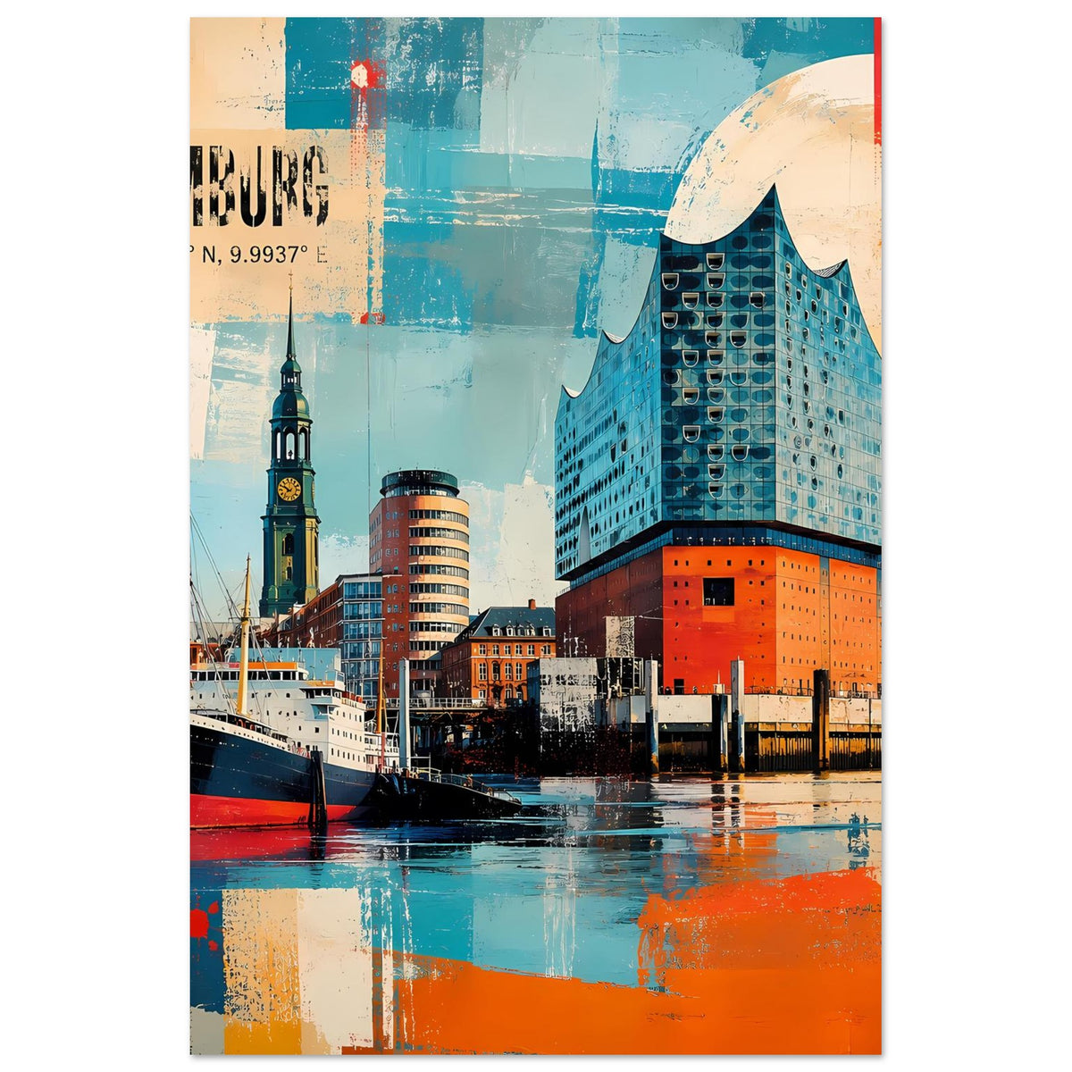 Vertikales Hamburg-Hafen Poster mit Elbphilharmonie in Türkis/Orange, Schiffe links