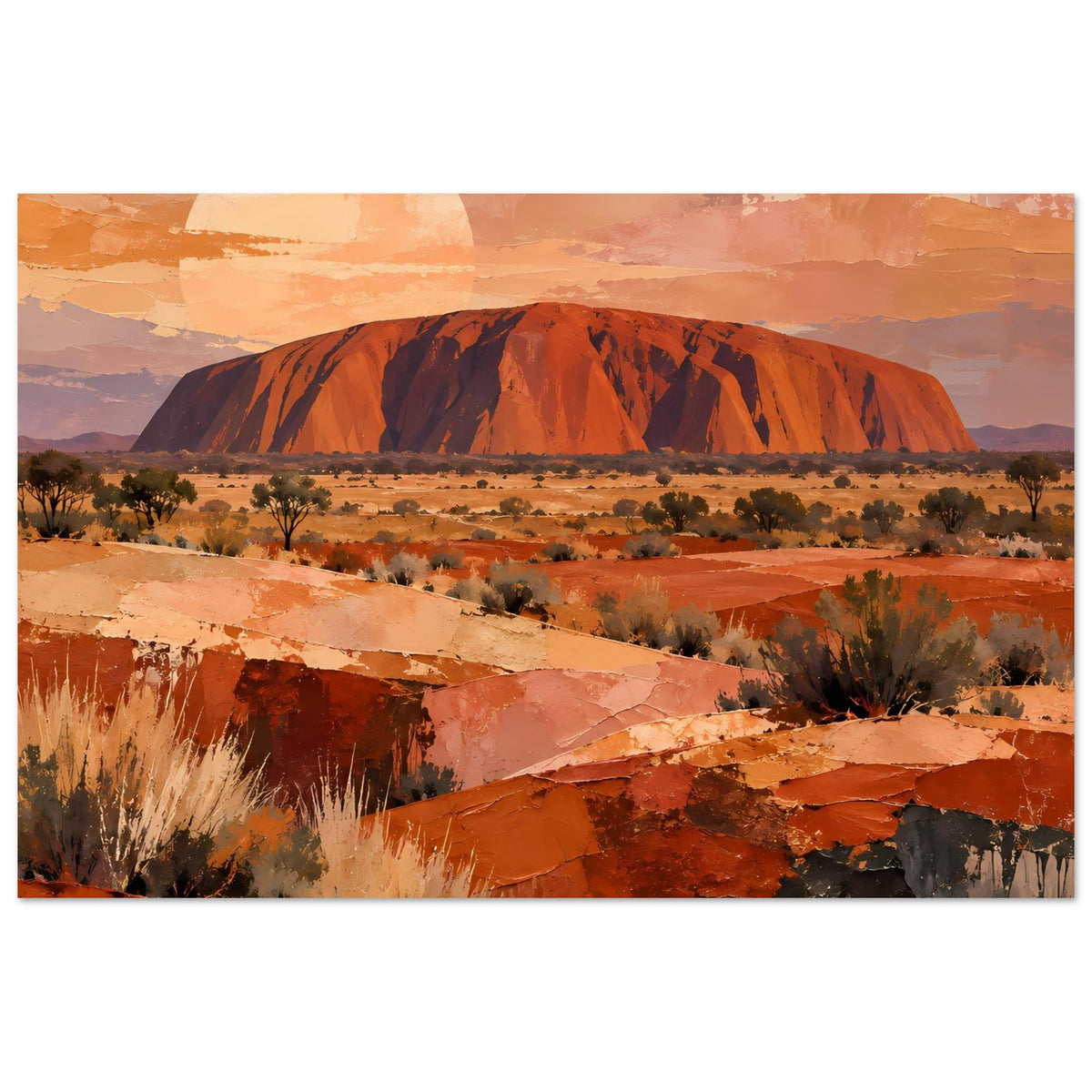 Wandposter im Querformat mit Uluru, Wüstenlandschaft und warmen Erdtönen im Gemälde-Look.