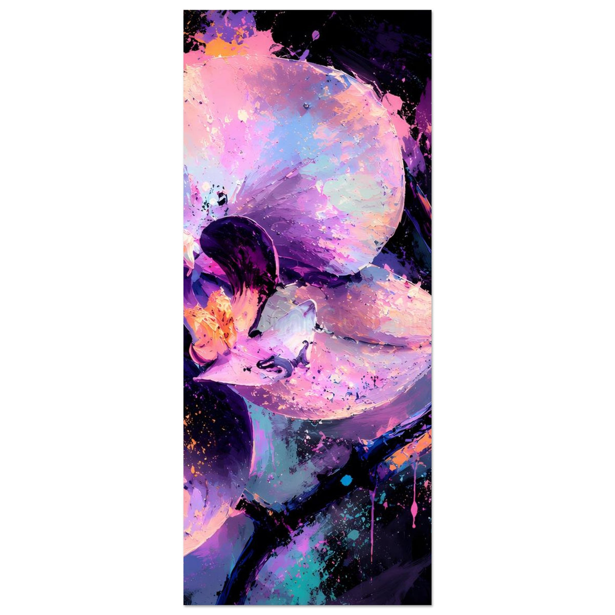 Neon-Orchideenposter, hochformatig, violett und pink, abstrakte Blüten und Spritzfarben