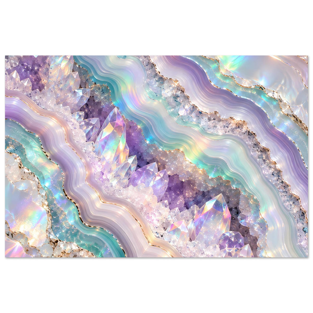 Holografisches Geode-Kristall-Poster im Querformat mit glitzernden violetten und türkisen Kristalladern