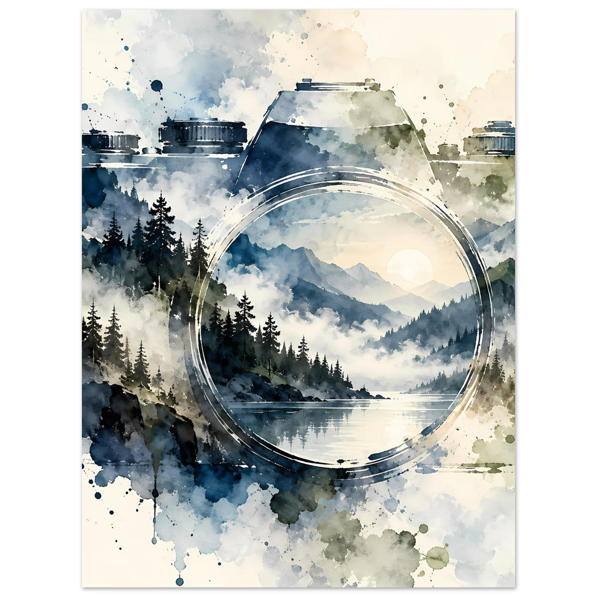 Hochformat-Aquarellposter mit Vintage-Kamera, Rundlinse über See, Berge und Tannen