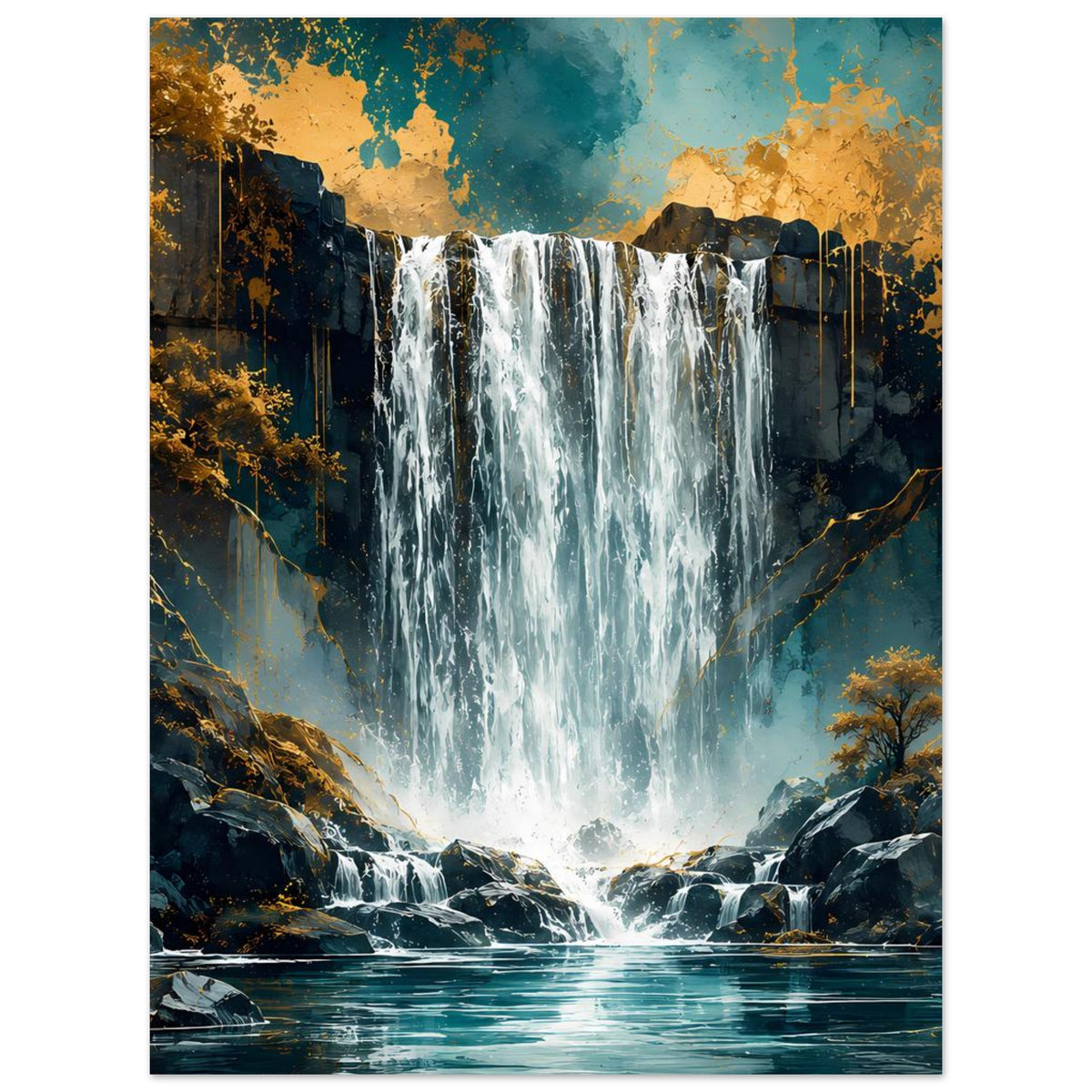 Poster mit Wasserfall mittig, türkisweißes Wasser, goldene Farbtupfer