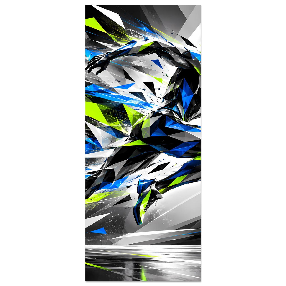 Vertikales Laufkunst-Poster: geometrischer Läufer in Blau, Schwarz und Neon-Grün, gestreckte Motion.