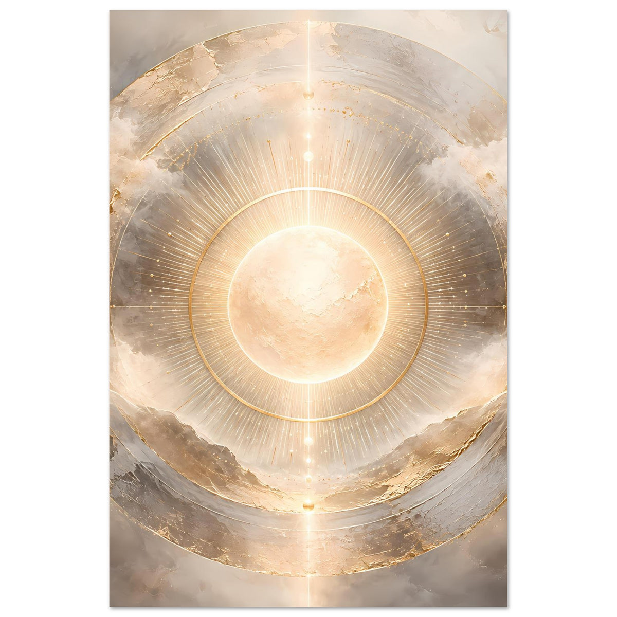 Kosmos-Poster mit Sonnenscheibe in der Mitte, goldenen Ringen und feinen Strahlen, hochformat