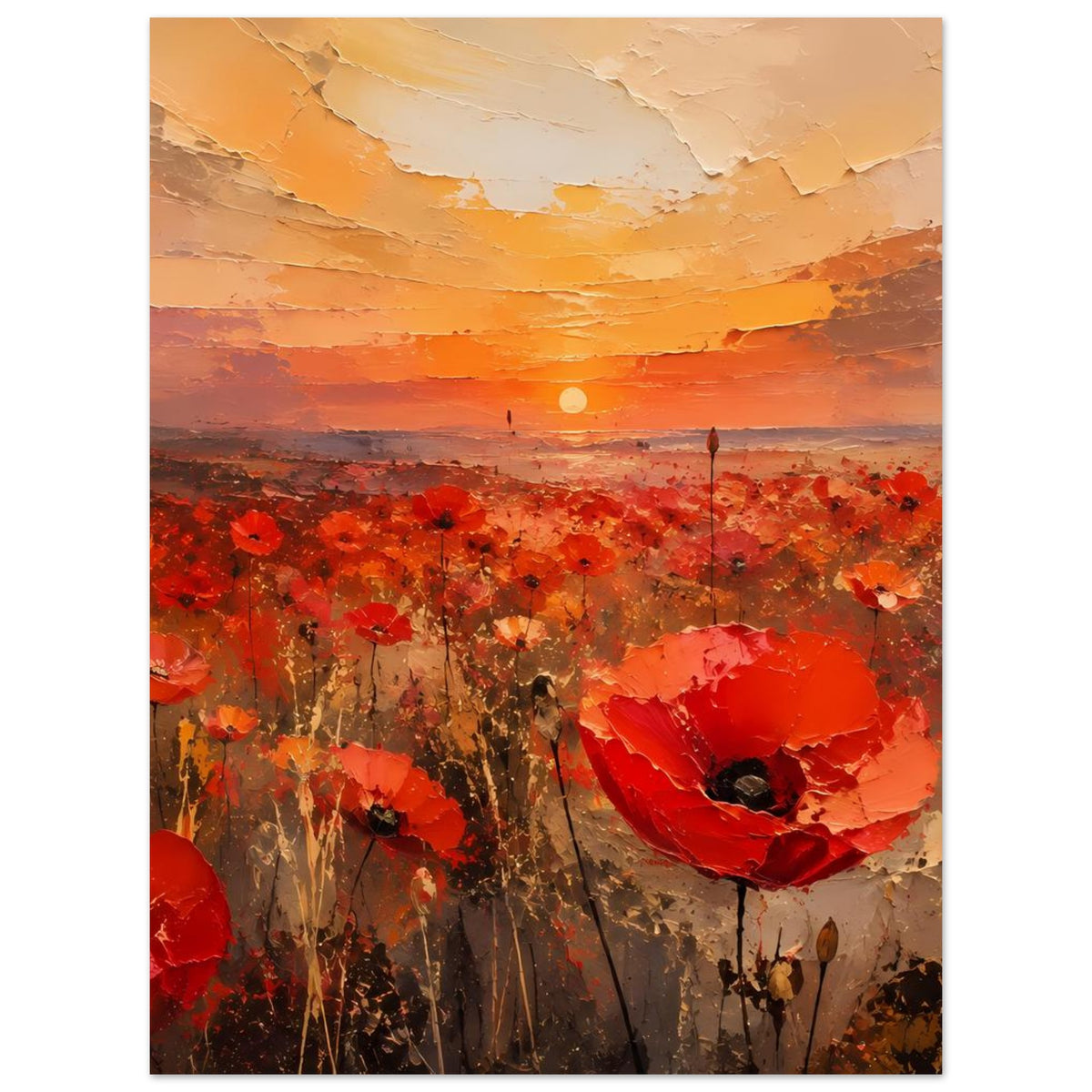 Poster: rotes Mohnblumenfeld, orange Himmel mit strahlender Sonne