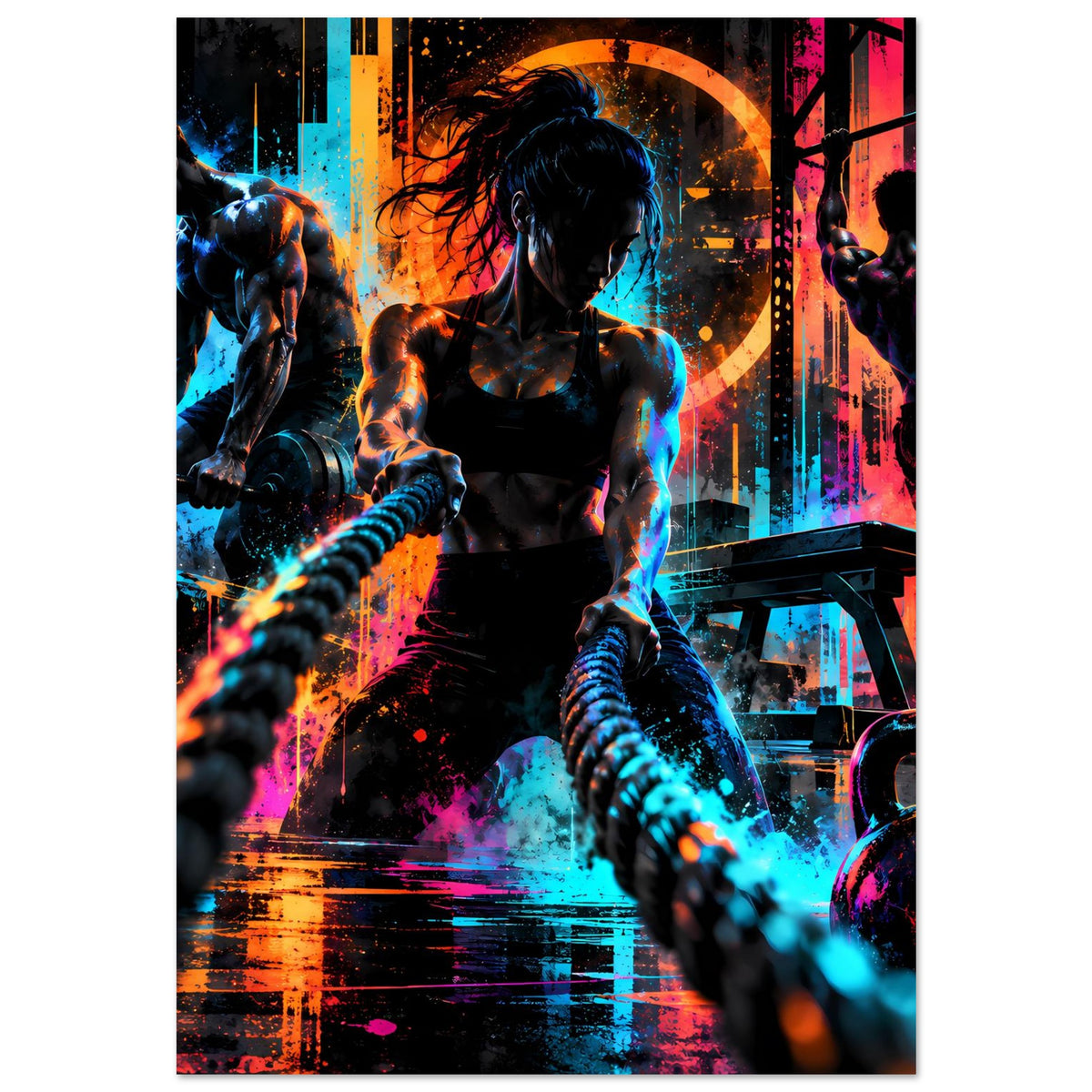 Neon-Fitnessposter mit Frau im Fokus, Handschlingen und Hantelscheiben, dynamisch