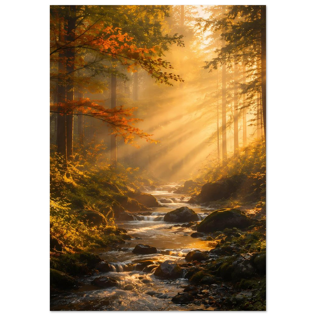 Waldposter mit Sonnenaufgang, weicher Nebel über dem Bach und Lichtstrahlen