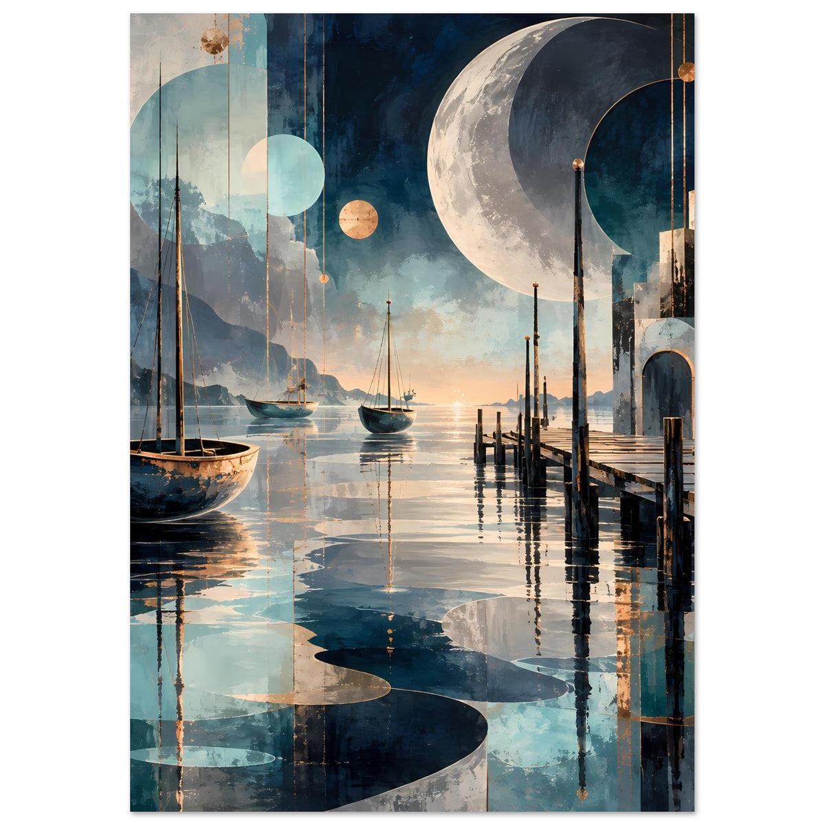 Maritimes Wandposter mit Segelbooten, Stegen und großen Mondenformen über dem Hafen