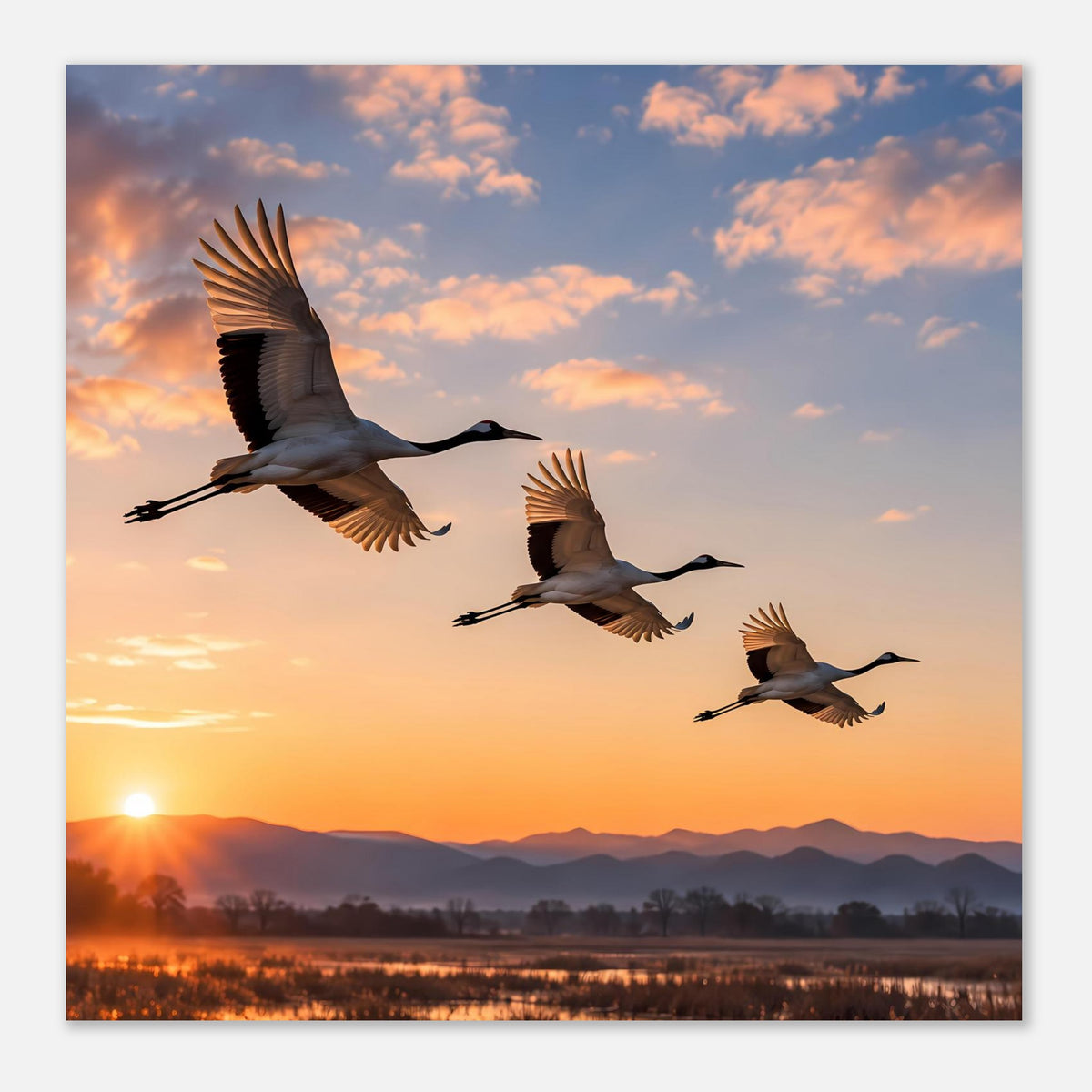 Poster mit fliegenden Kranichen und Sonnenuntergang über See und Hügeln