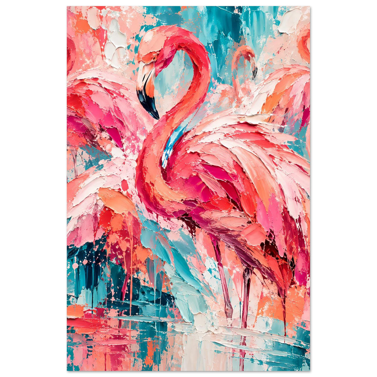 Expressives Vogelkunst-Poster (hochkant): abstrakter Flamingo in Pink und Türkis mit schwarzen Linien