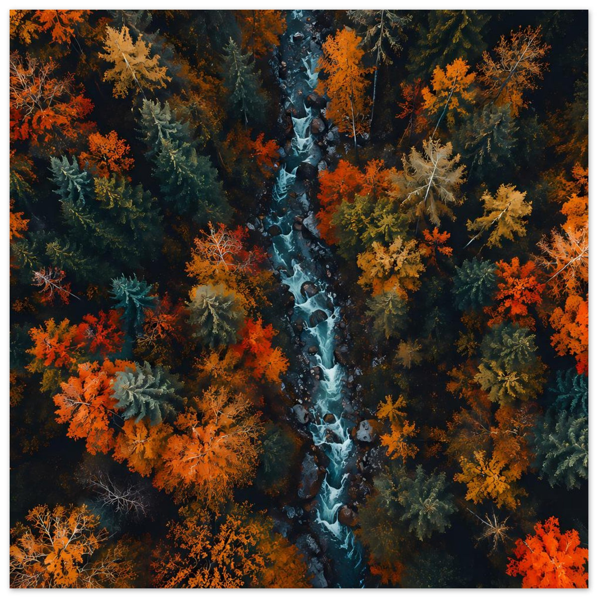 Herbstliches Flusswald-Poster: Wasserlauf mit Herbstbäumen in Orange, Gelb und Grün
