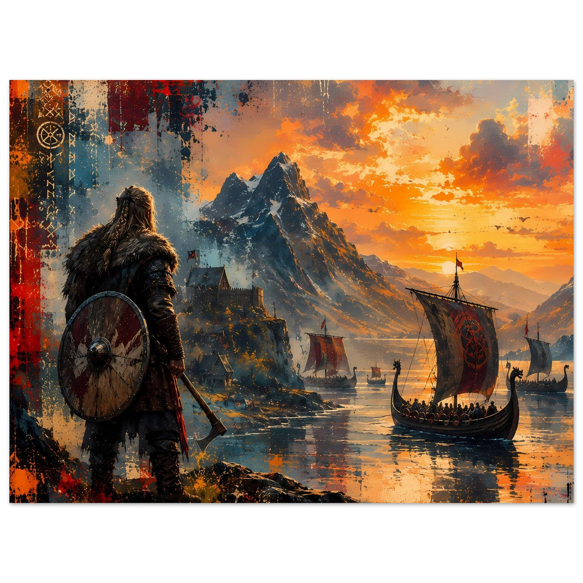 Viking-Saga Poster horizontal: Wikingerkrieger vor Hafen, Langboote und Berge im Hintergrund