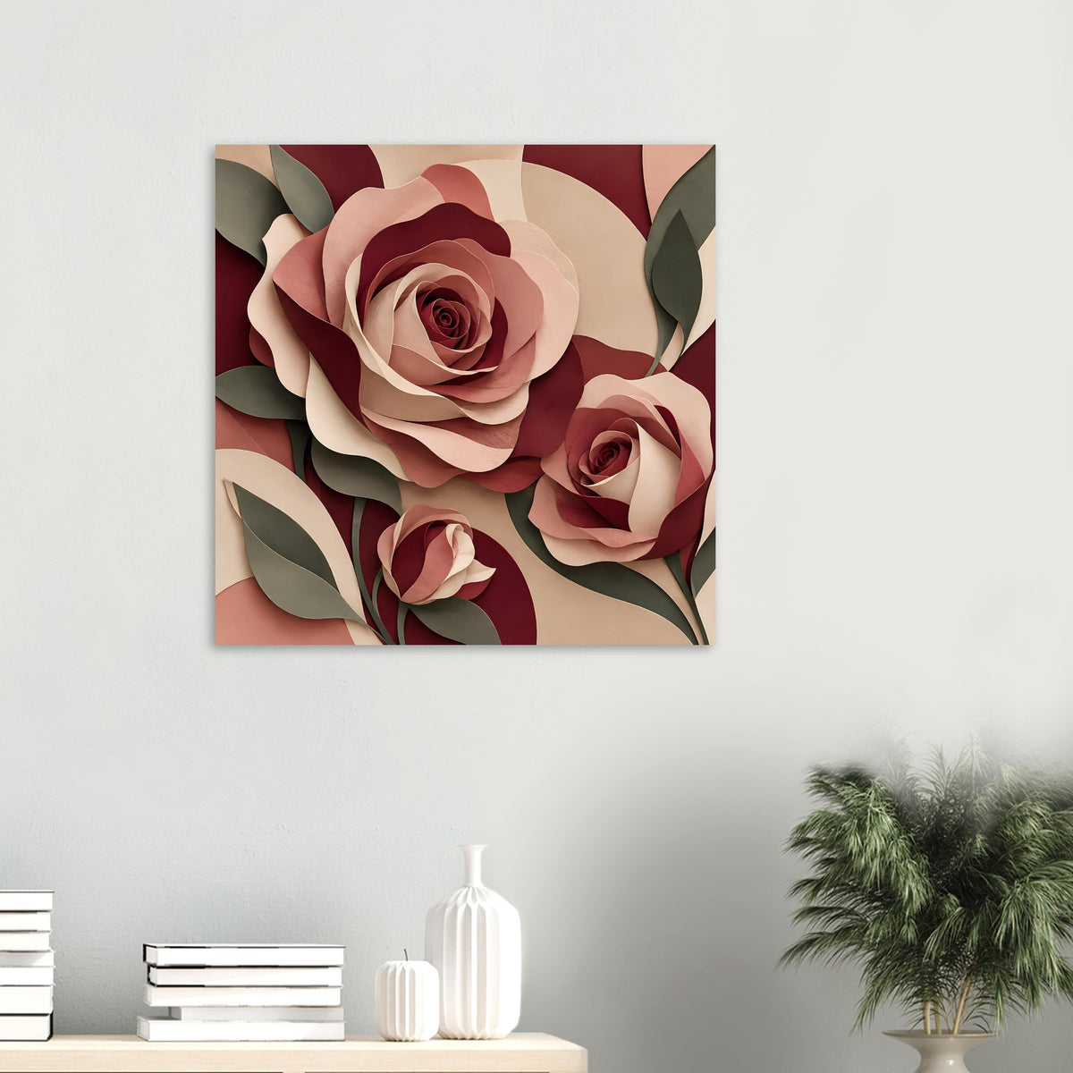 Florales Kunstposter mit Rosen in Burgunder und Rosé