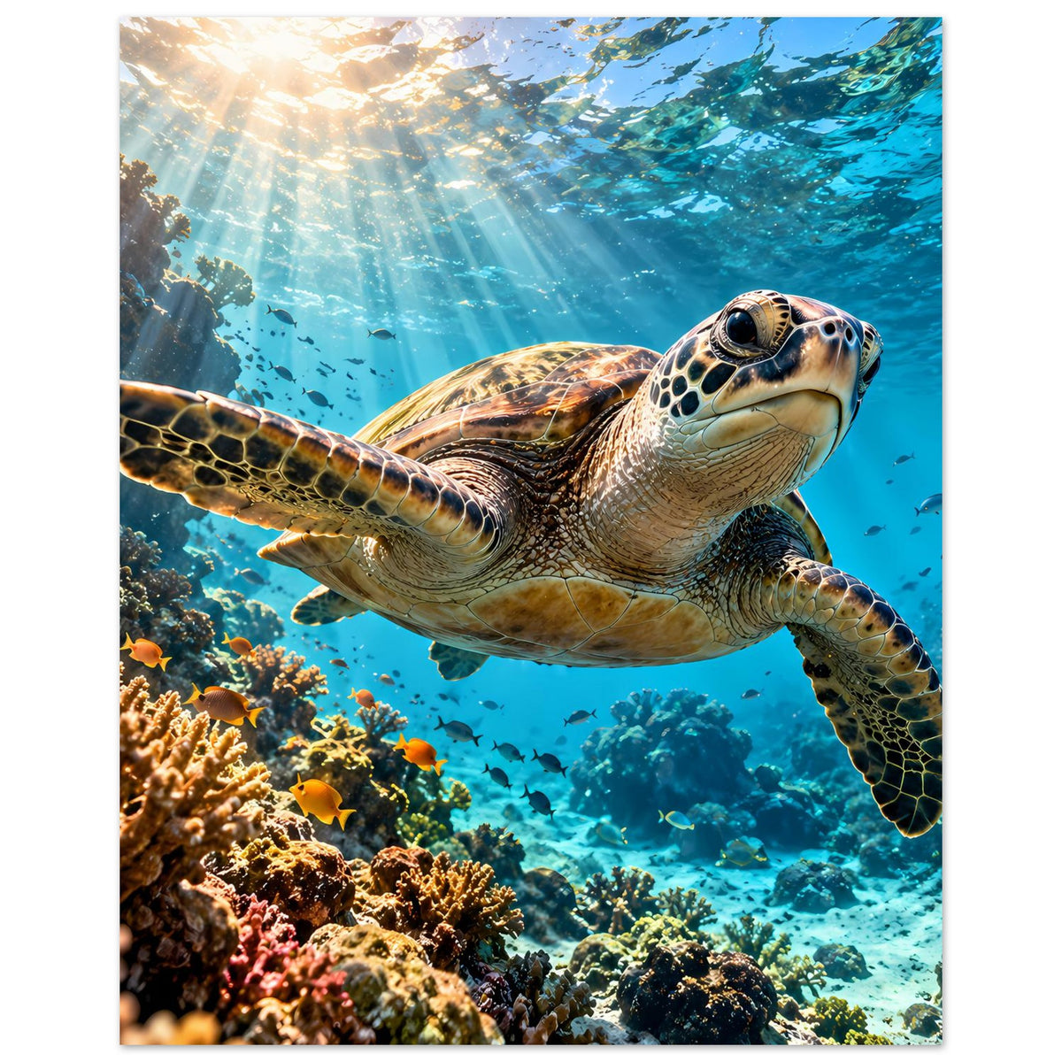 Unterwasser-Schildkrötenposter: Meeresschildkröte im Bildzentrum, Korallen und Lichtstrahlen