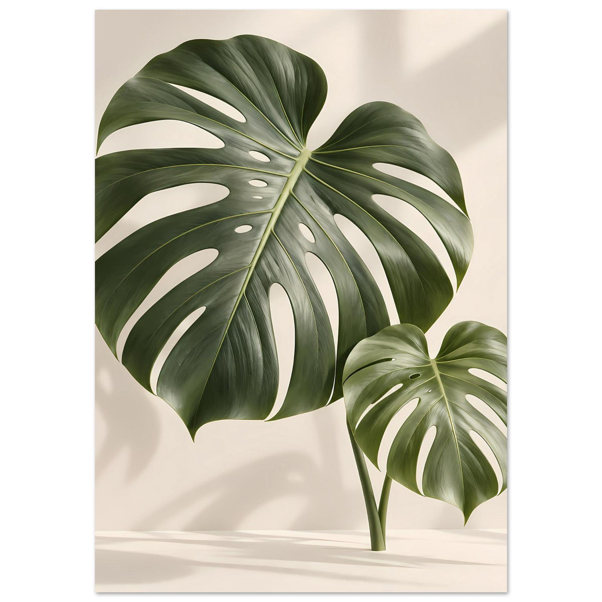 Vertikales Monstera-Blattposter mit zwei Blättern, großes Blatt links, kleines rechts