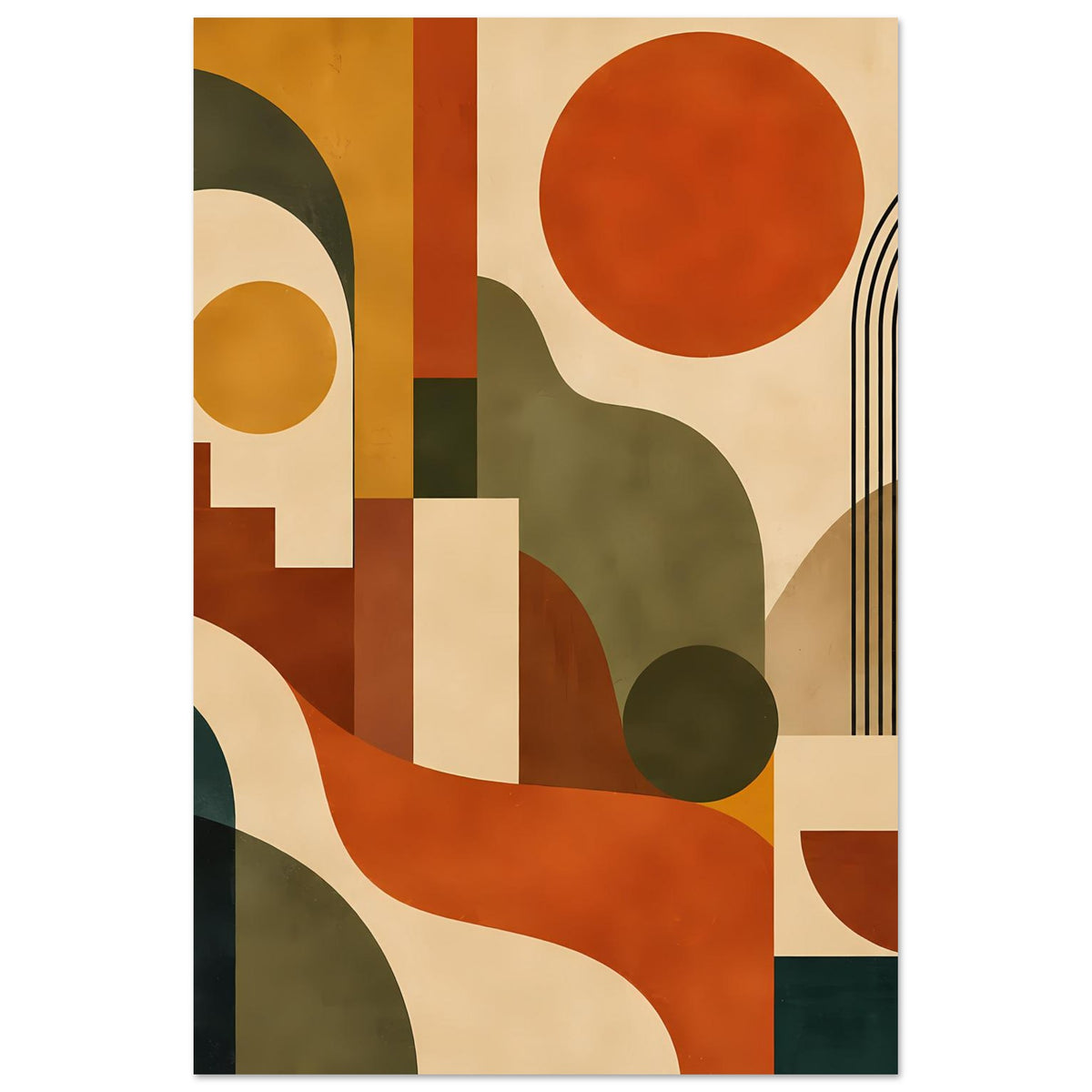 Abstrakter Poster-Druck mit geometrischen Formen, warmen Farben und Kreisen sowie Linien rechts
