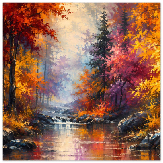 Querformat-Poster: Herbstlicher Wald mit Bach, kleiner Wasserstelle und bunten Blättern