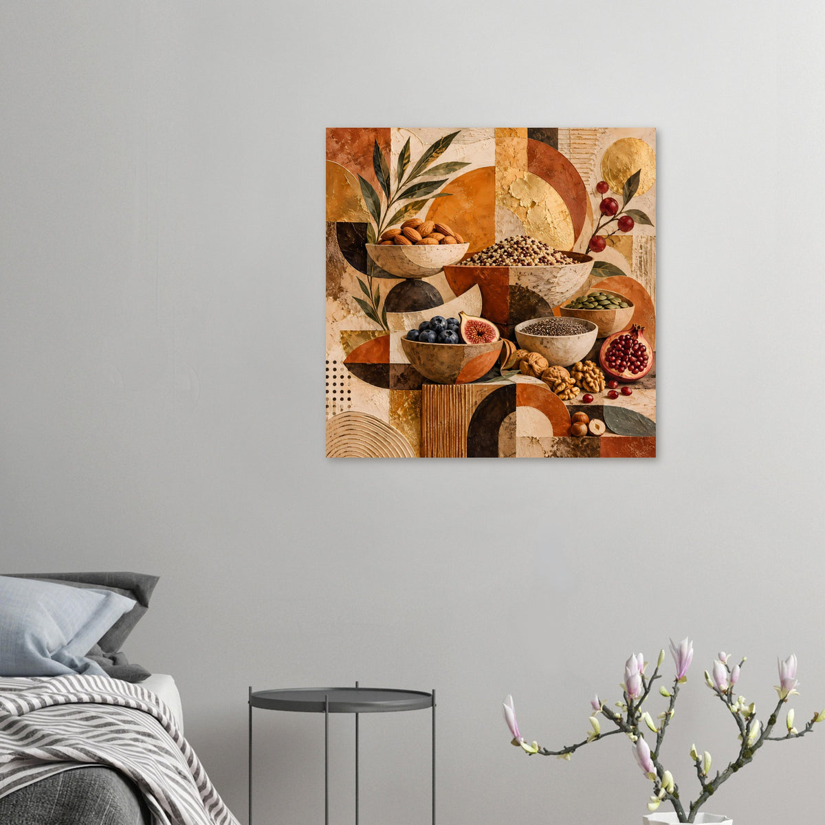 Kleines Wandposter mit Schalenmotiv und Körnern, warmes Patchwork-Design in Erdtönen.