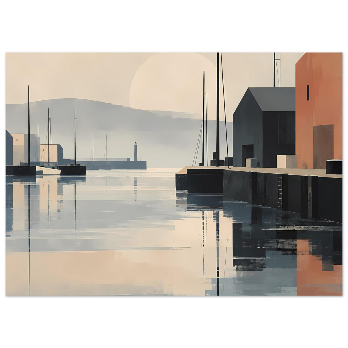 Minimalistisches Hafen-Sonnenuntergangs-Poster in Landschaftsoptik: orange Gebäude, Spiegelung, Rand
