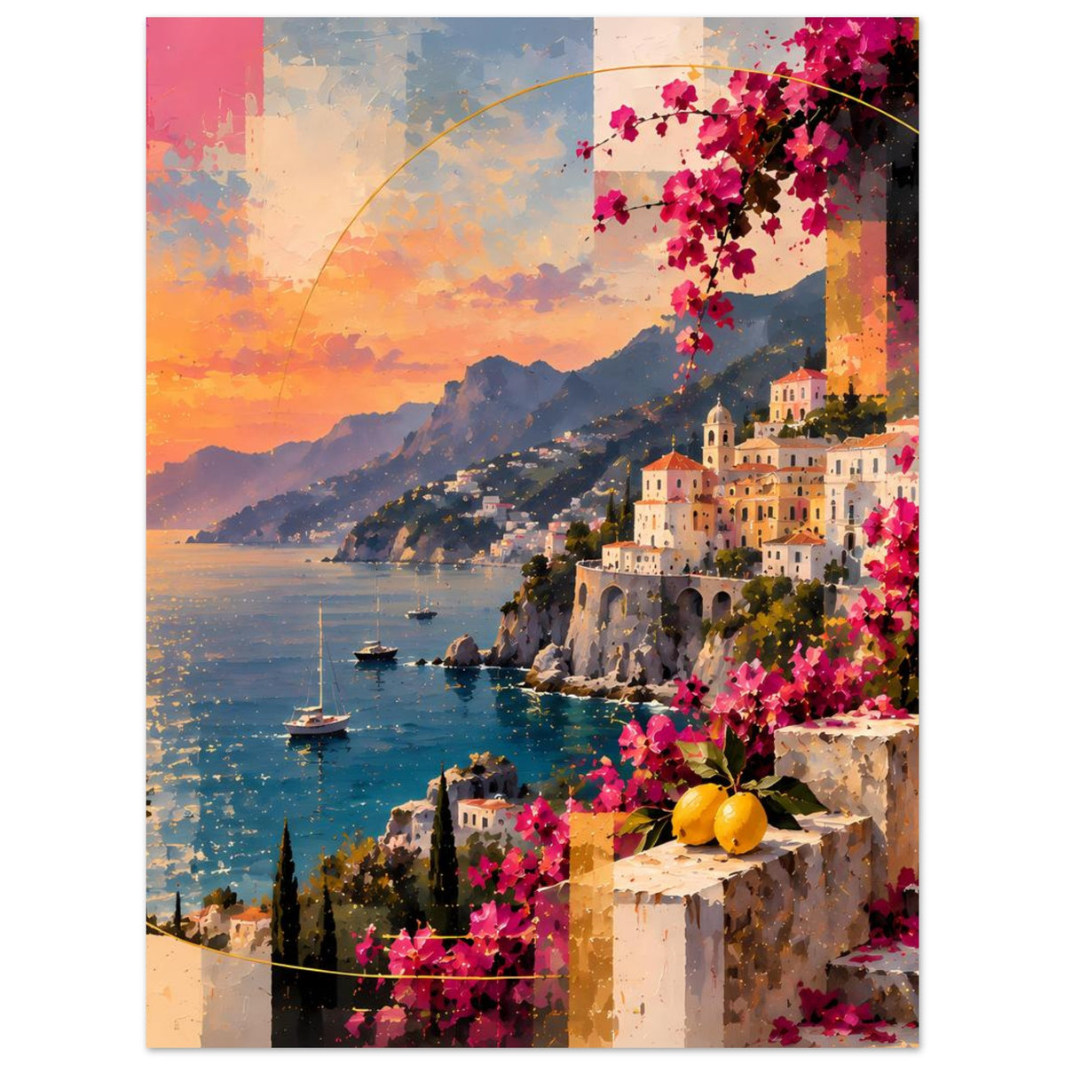 Poster: Meer bei Sonnenuntergang mit Booten, Bergkulisse, Häuser am Ufer und pinke Bougainvillea