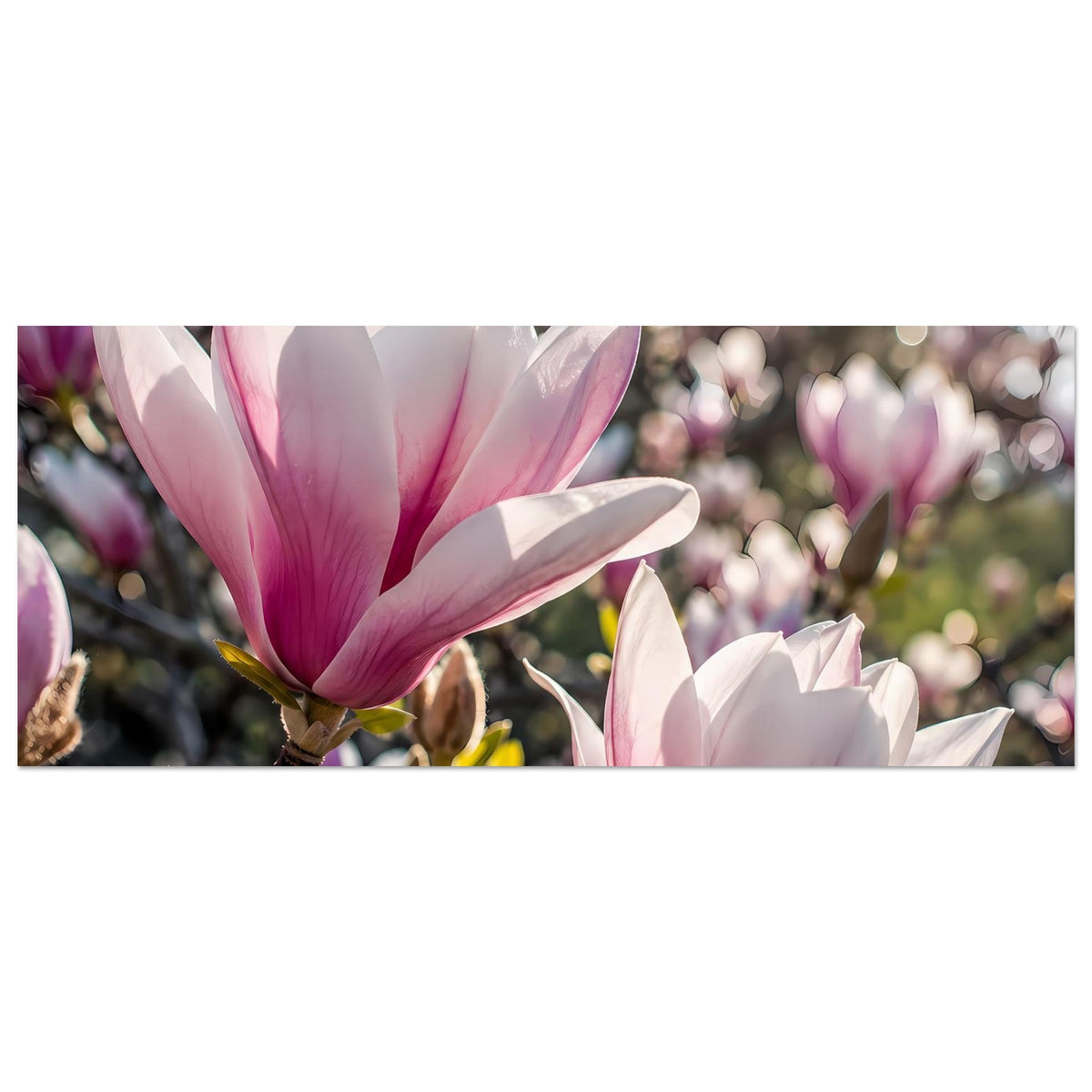 Poster mit großer rosa-weißer Magnolienblüte links und zweiter Blüte rechts, Zweig sichtbar