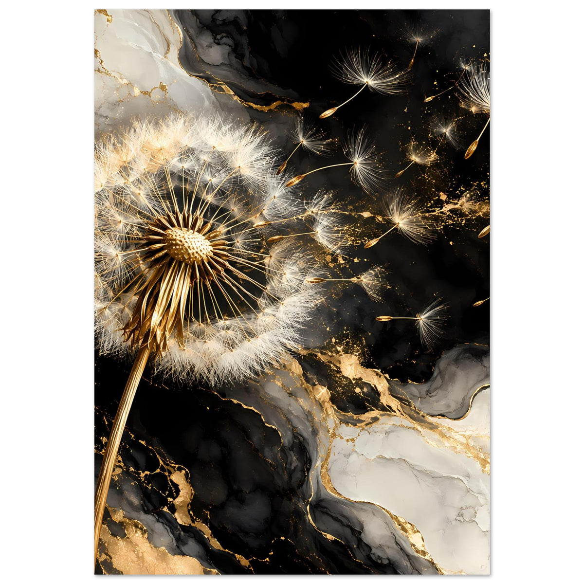 Poster im Hochformat mit Pusteblume, weiß-goldenen Samen und schwarzem Marmorbgrund