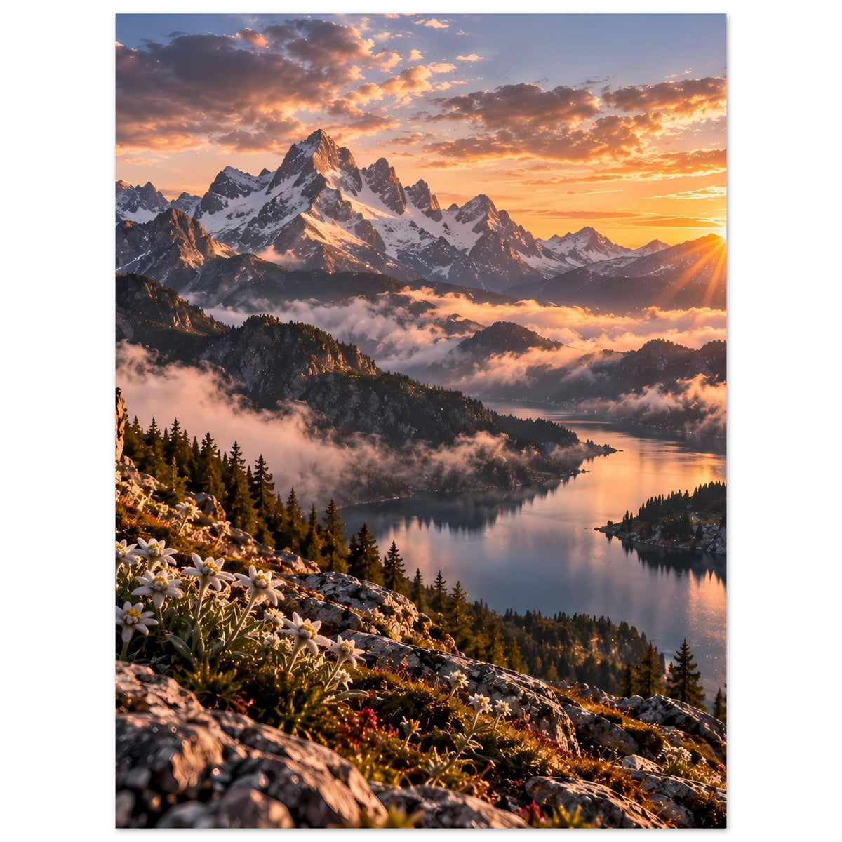 Poster (Hochkant) mit Alpenbergpanorama, See und Alpenblumen bei Sonnenaufgang