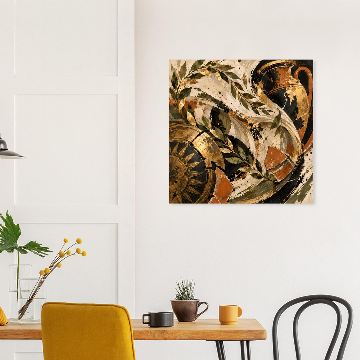 Quadratisches Vintage-Poster mit warmen Gold- und Ockerflächen und Blatt-Swirls
