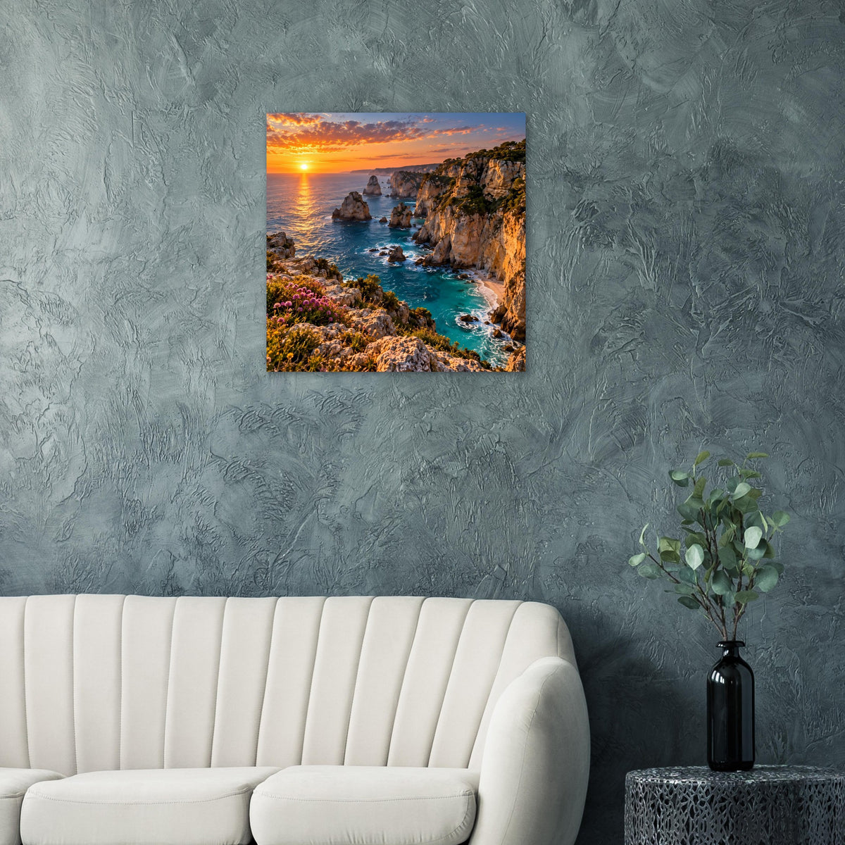 Quadratisches Küstenposter mit Sonnenuntergang an Felsklippen und türkisfarbenem Meer