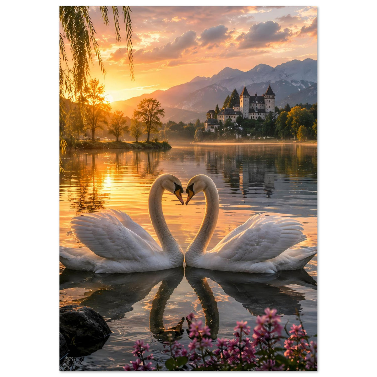Wandposter mit zwei Schwänen als Herzform und rosa Blüten am unteren Rand