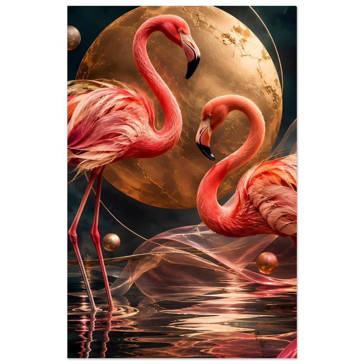 Kunstposter: Flamingos in Rosa vor goldener Mondkugel, Wasser und Fäden im Bild