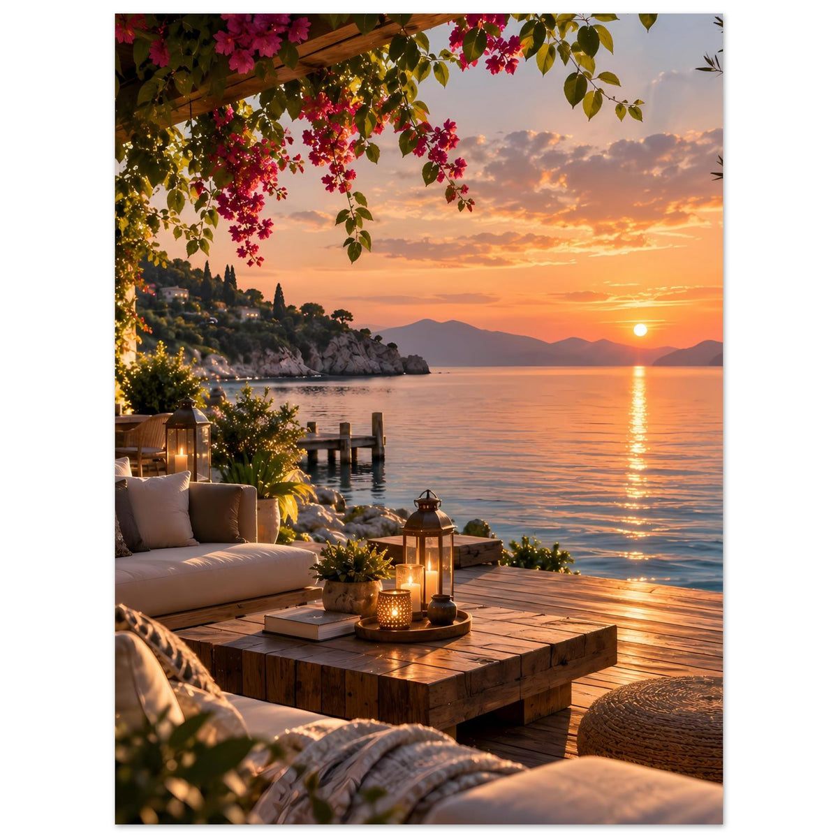 Poster einer mediterranen Küstenterrasse mit Bougainvillea, Sofa und Laternen bei Sonnenuntergang