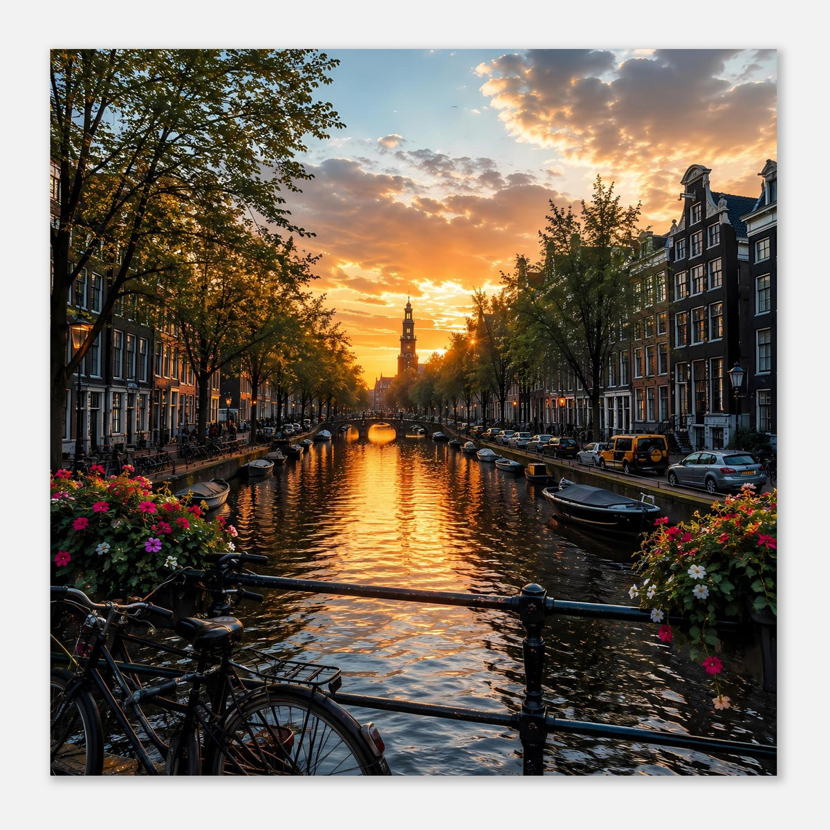 Poster mit Sonnenuntergang am Kanal, Bootsanleger, Fahrräder und farbige Blumen
