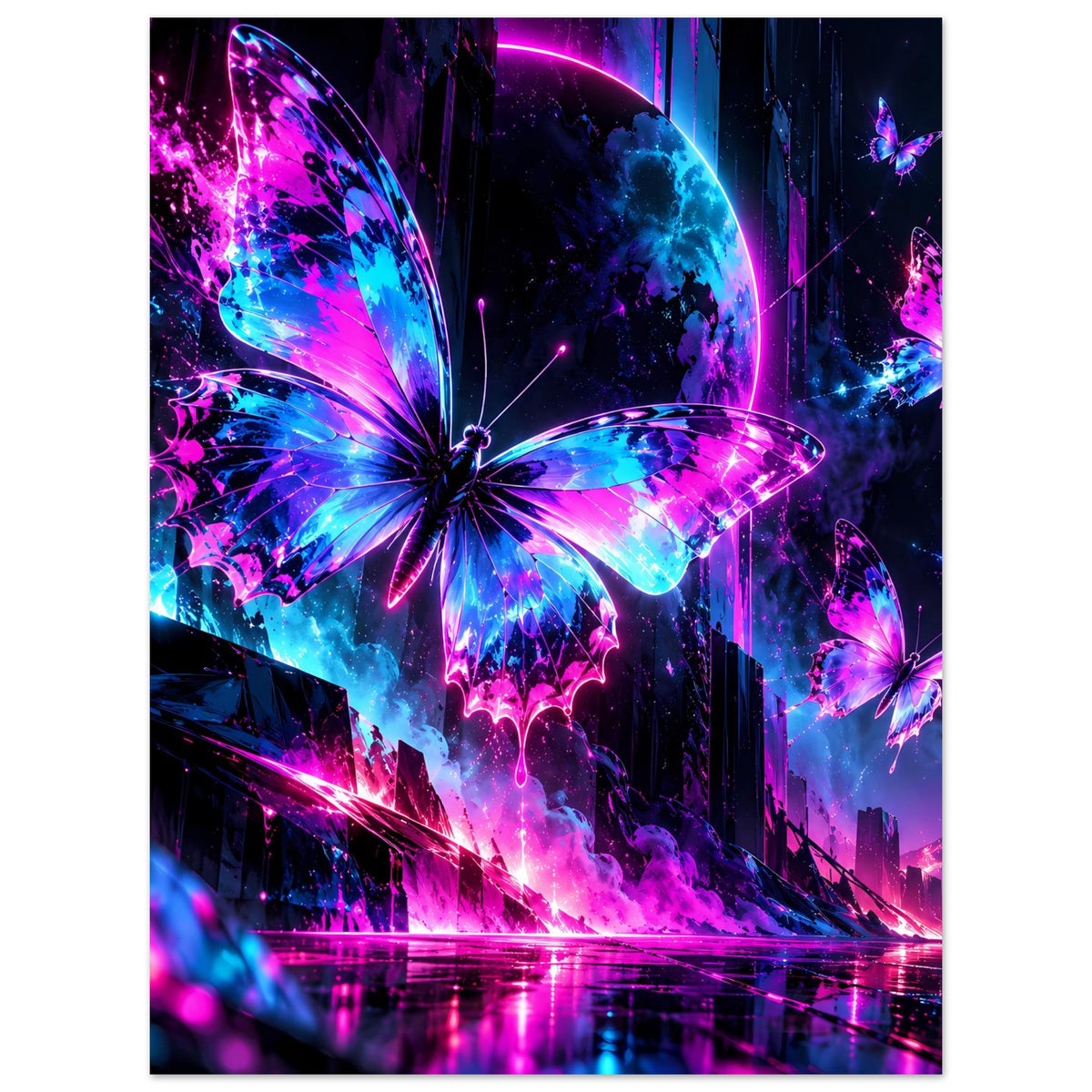 Neon-Schmetterlingsposter mit mehreren blau-pink leuchtenden Schmetterlingen im Motiv