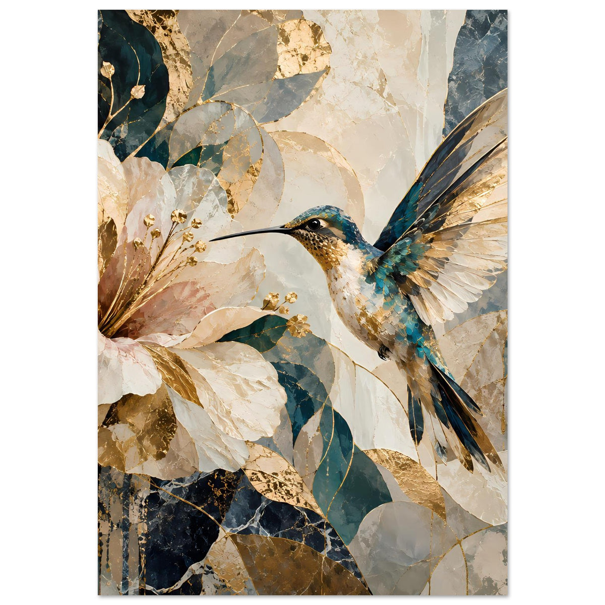 Kunstposter mit Kolibri im Flug und Blütenarrangement, marmorierte Farbflächen, Hochkant