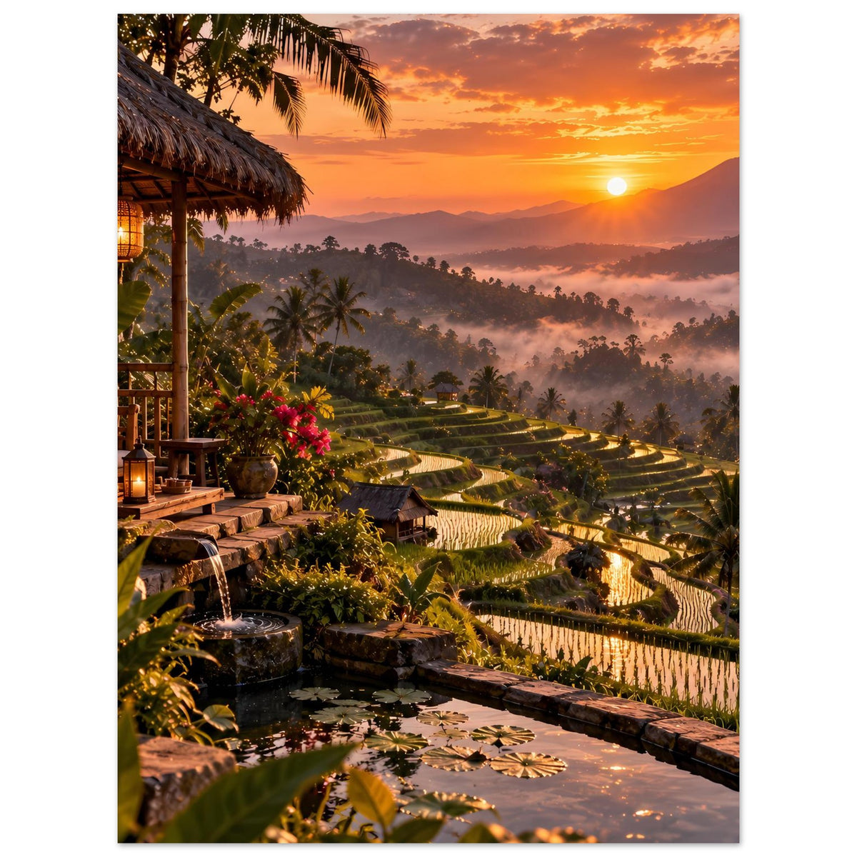 Poster mit tropischen Reisterrassen und Lodge am Sonnenuntergang, Palmen und Wasserbecken