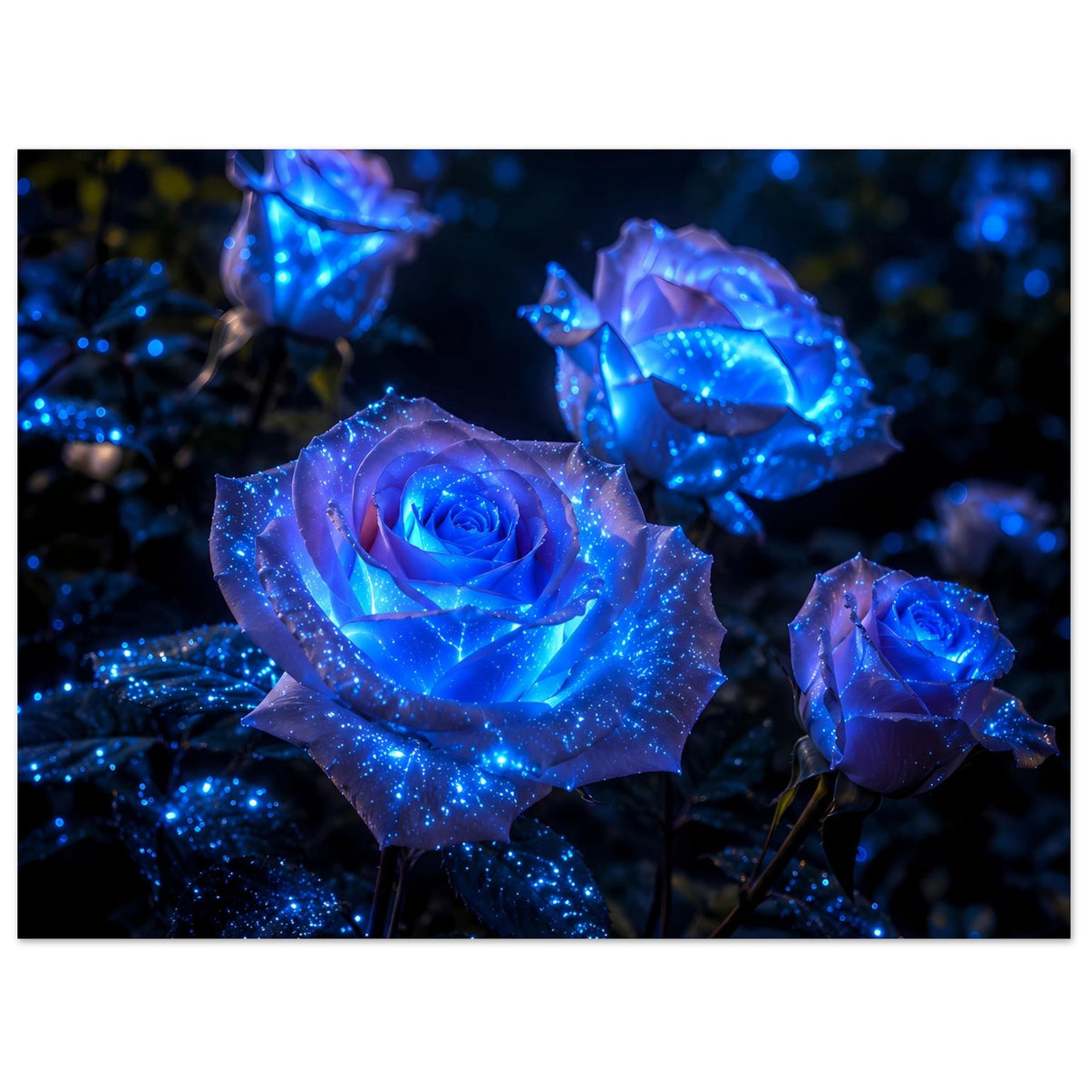 Poster mit leuchtenden blauen Rosen, klare Ansicht mehrerer Blüten mit Glitzereffekt