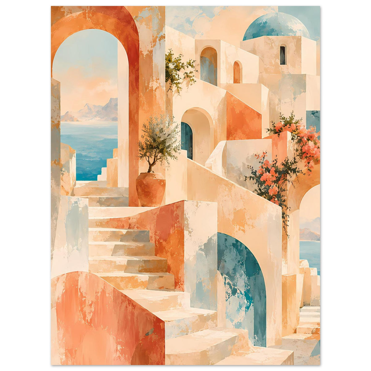 Traumlandschafts-Kunstposter: mediterrane Treppe, Bögen, Blumen und Türen