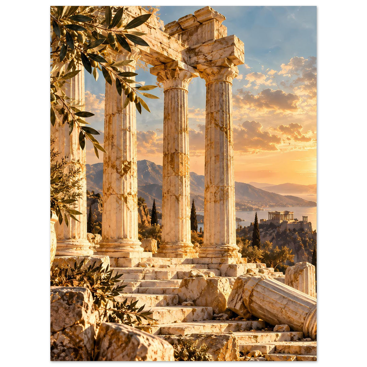 Hochformat-Poster mit Säulenruinen und Sonnenuntergangs-Himmel, links Pflanzenzweig
