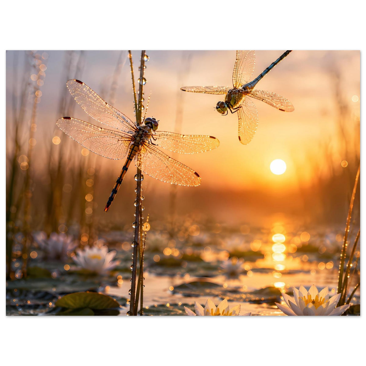 Poster mit zwei Libellen über Seerosen im goldenen Sonnenlicht, warmes Naturmotiv