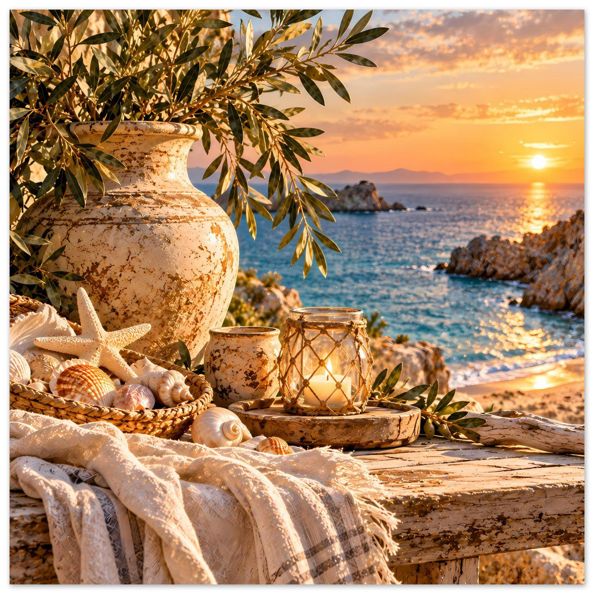 Küstenbild mit Vase, Olivenzweigen, Muscheln, Seestern, Laterne und drapiertem Tuch.