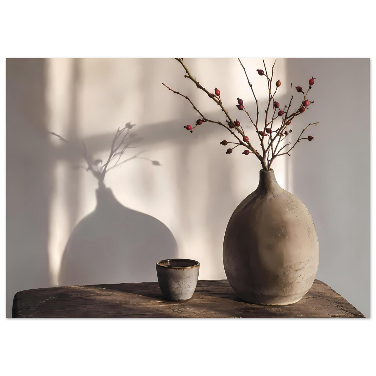 Stilllebenposter im Querformat mit beiger Vase, roten Beerenzweigen und grauem Keramikbecher