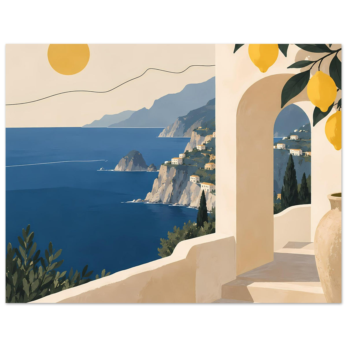 Mediterranes Landschaftsposter mit Küstenmeer, Felsenhäusern und Zitronenzweig am Rand
