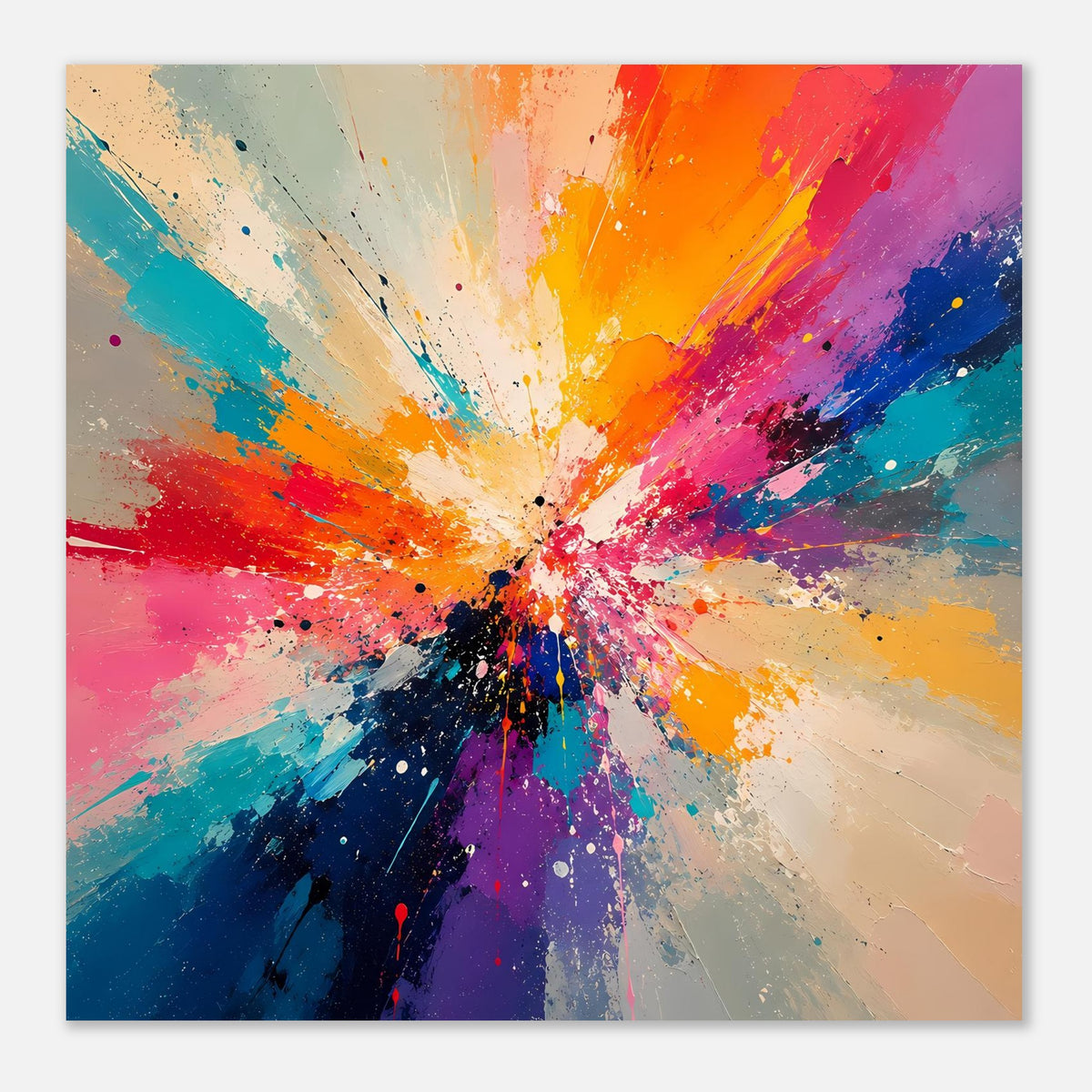 Abstraktes Kunstposter mit Farbexplosion, Zentrierter Komposition und bunten Spritzern