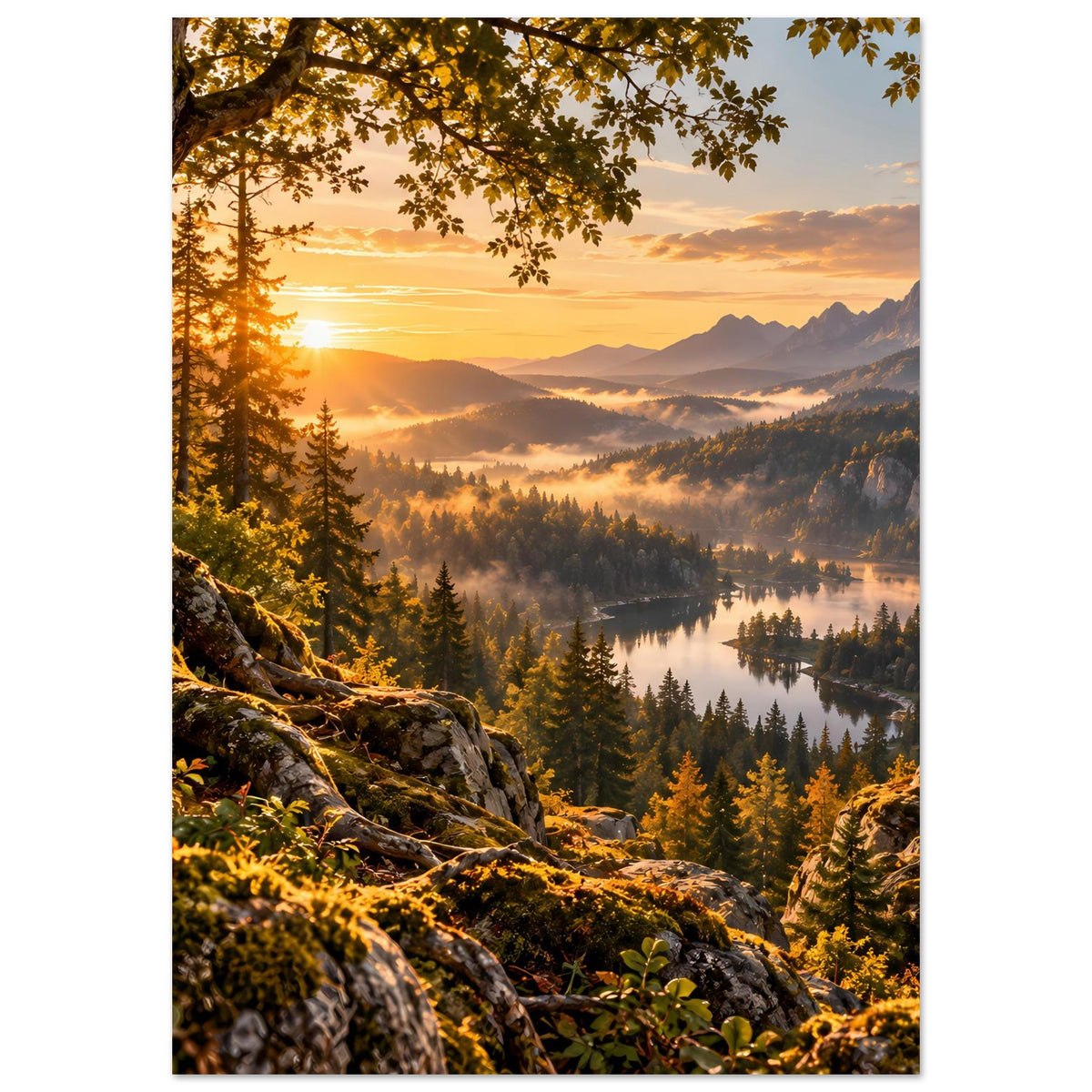 Landschaftsposter im Hochformat: Sonnenaufgang über Berge, See im Nebel, Wald im Vordergrund.